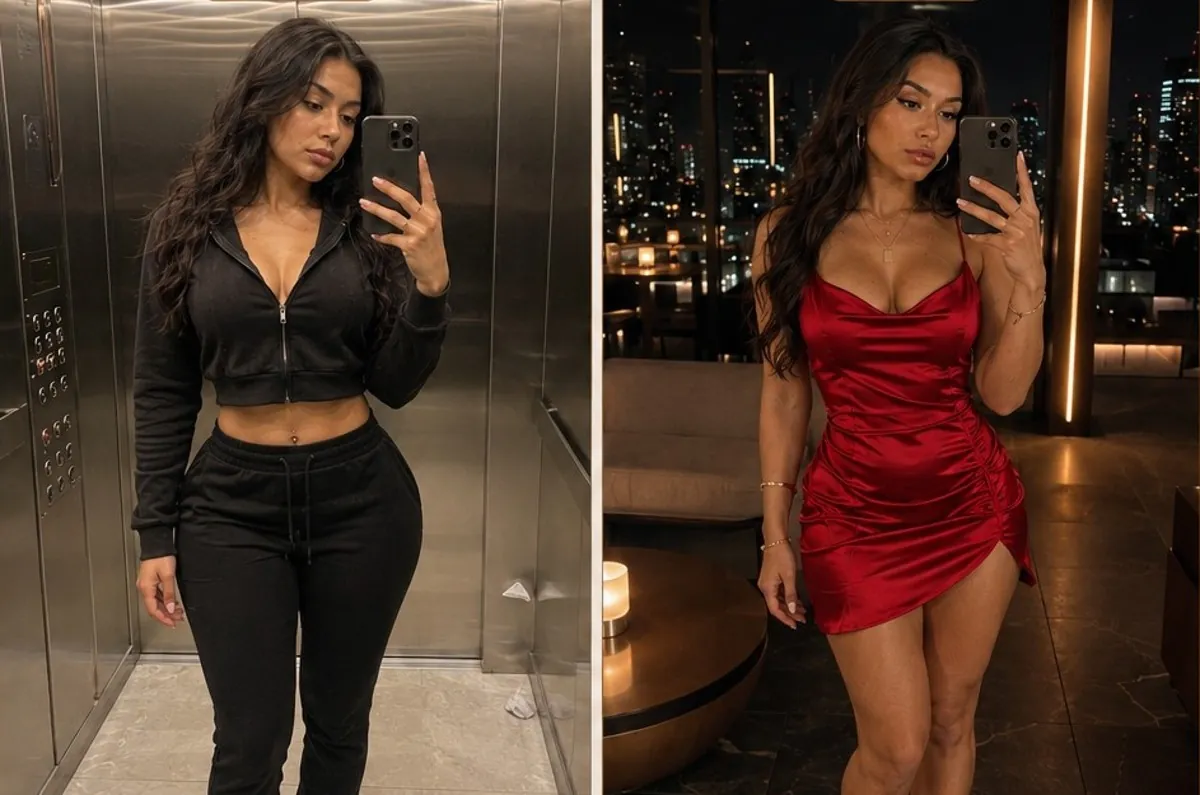Before and After — Elevator to Red Dress